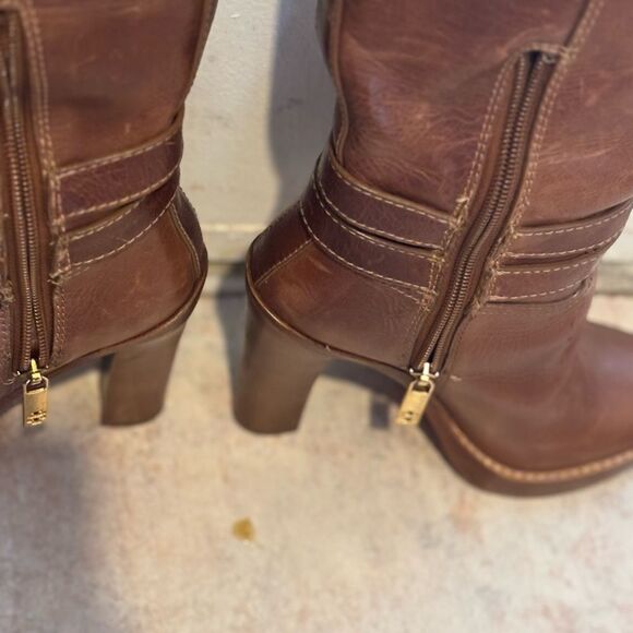 Tory Burch knee high double buckle boots leather dress shoes logo heels - Picture 7 of 11